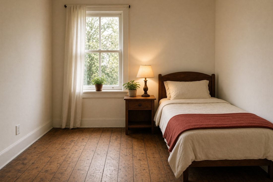A simply furnished bedroom with a made bed, bedside lamp and window