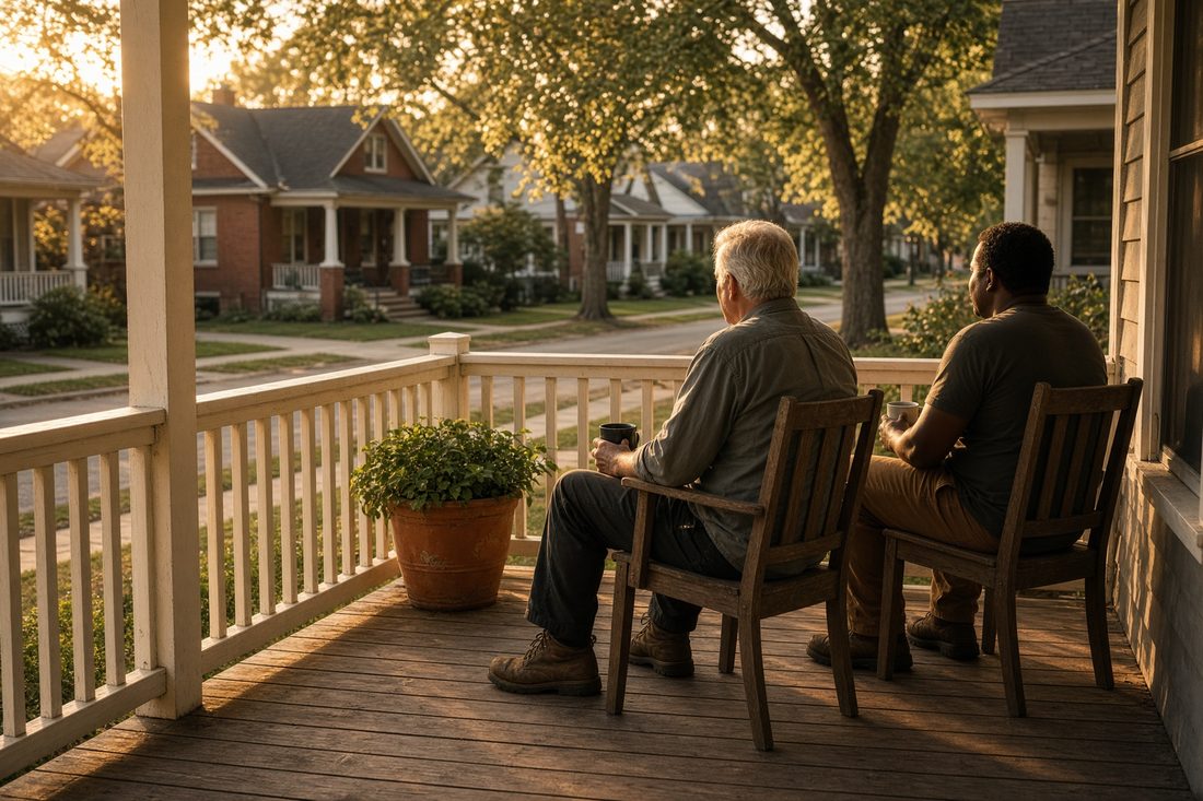 Two veterans sitting together on a front porch in the late afternoon